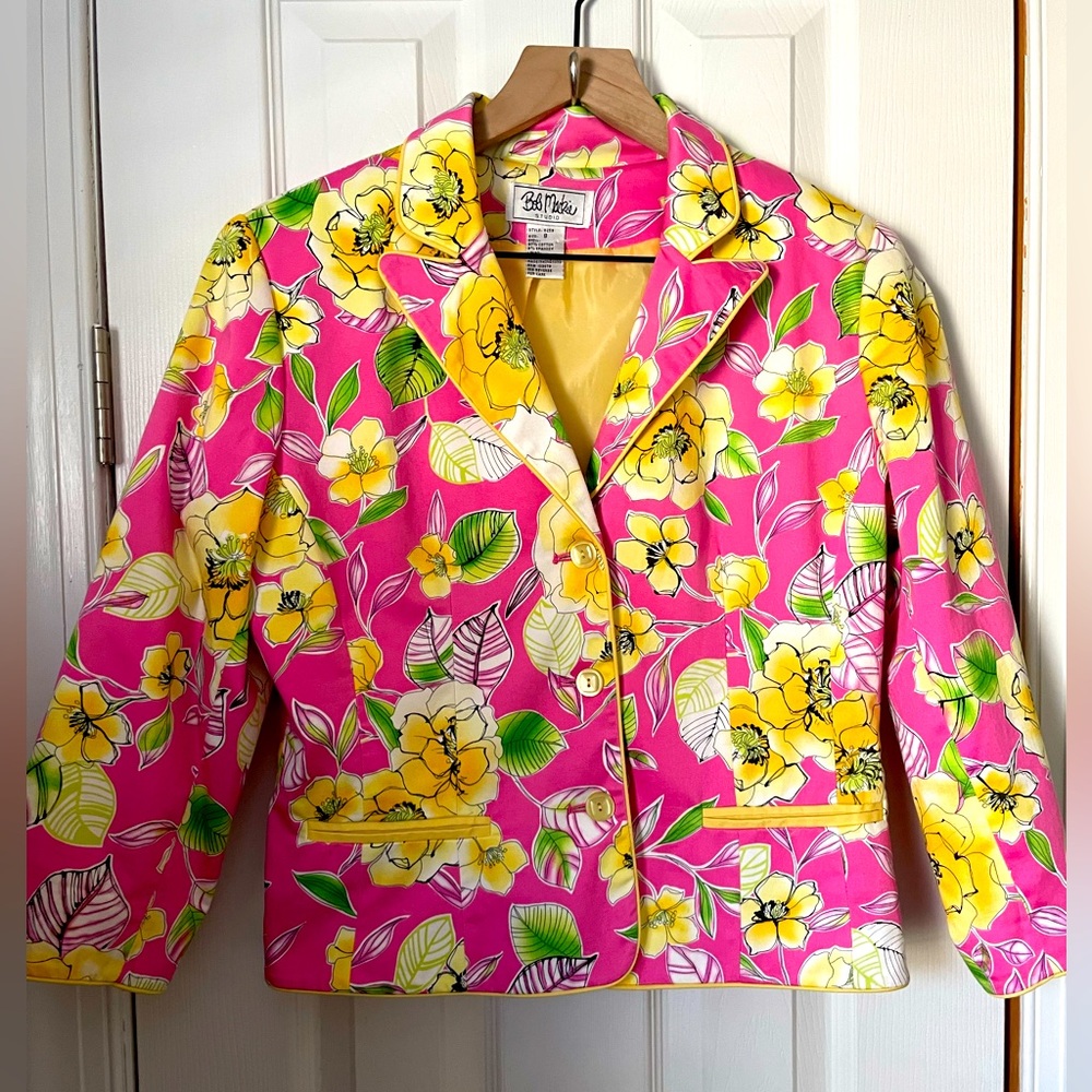 90s Bob Mackie Studio Pink Jacket Blazer Floral Stretch Cotton Easter Spring